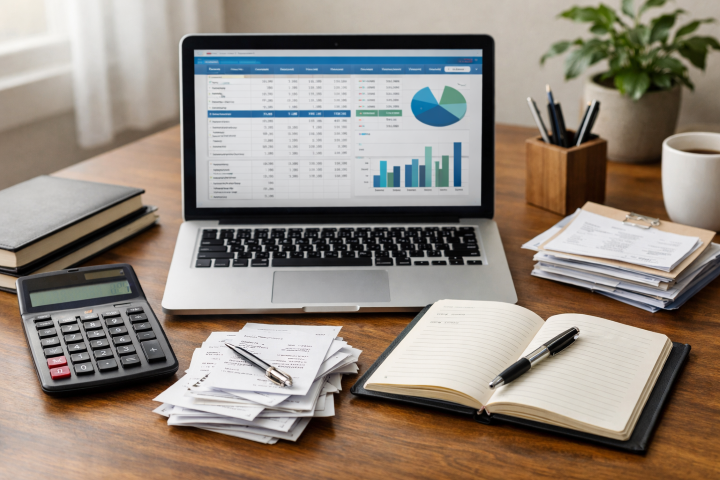 Organized bookkeeping workspace with financial spreadsheets, calculator, and receipts for Unruh’s Bookkeeping Services