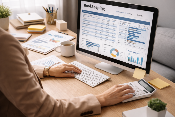 Professional bookkeeper working on financial reports and bookkeeping software at Unruh’s Bookkeeping Services in Oklahoma